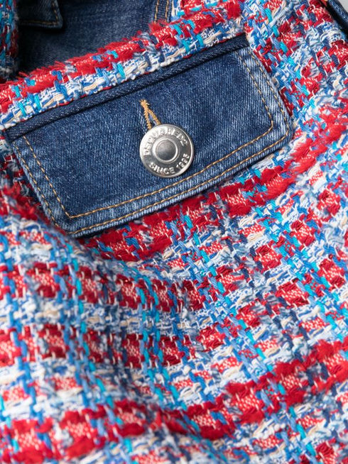panelled tweed denim mini dress